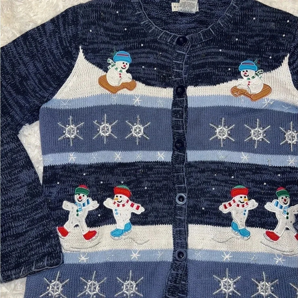 Womens White Stag Vintage Ugly Christmas Sweater / Cardigan Snowmen Medium - Picture 2 of 4
